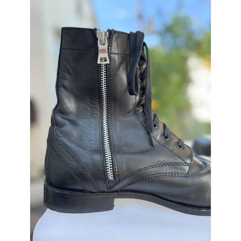 Straight to Hell Division Black 100% Leather Combat Boots SZ 9.5 Silver Side Zip